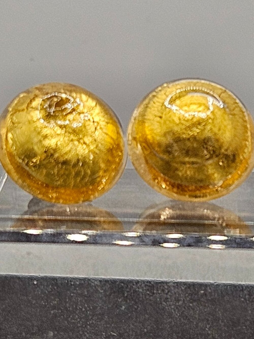 Vintage Gold Foil Murano Art Glass Dome Pierced Earrings